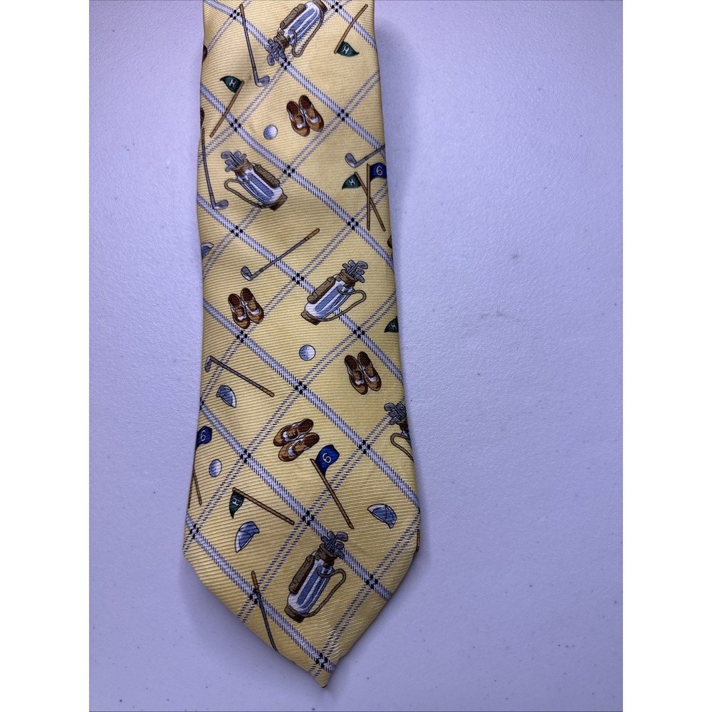 Masters Mens Yellow Striped Neck Tie Logo Golf 100% Silk Flaw